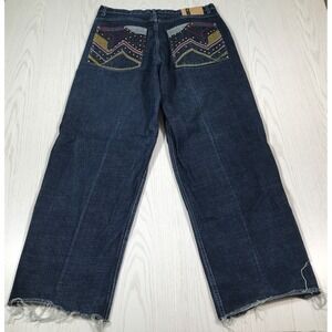 Vintage Y2K Old Skool Baggy Jeans Men 32x30 Blue Frayed Hip Hop Embroidered